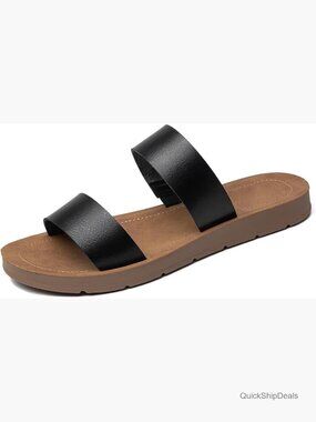 Faux Leather Slide Sandals with Padded Footbed for Walking